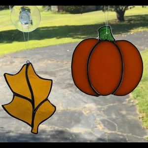 2 handcrafted stained glass leaf & pumpkin